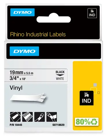 Dymo Rhino páska do štítkovače 19mm x 5,5m bílá, černý tisk / Páska do tiskárny štítků / Vinylová / RHINO