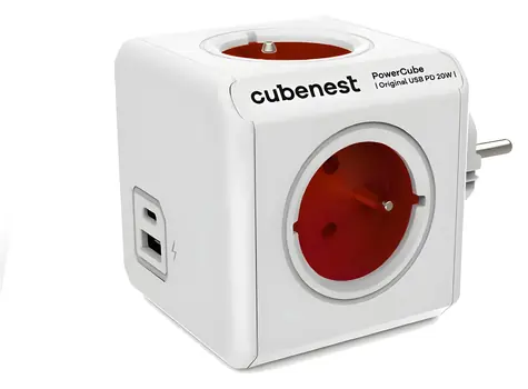 Cubenest PowerCube Original USB PD 20W červená / Rozbočovač / 4x zásuvka / USB-A + USB-C / Dětská pojistka