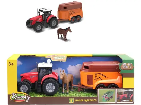 MADE Traktor s přívěsem pro přepravu koní / na baterie / 15 cm / od 3 let