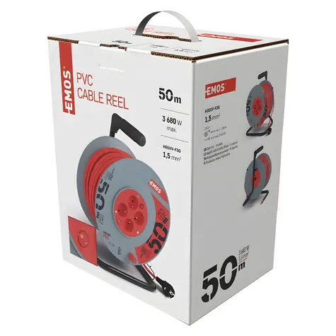 EMOS prodlužovací kabel na bubnu 50 m červená / Prodlužovací kabel / 4 zásuvky / s vypínačem / 1,5 mm2 / IP20
