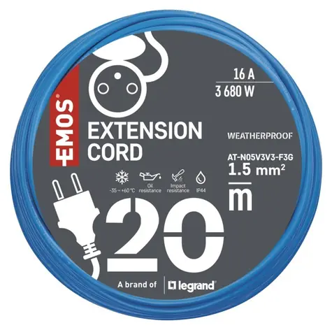 EMOS Prodlužovací kabel 20 m modrá / Prodlužovací kabel / 1 zásuvka / IP44 / 16 A / 1,5 mm2