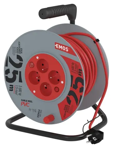 EMOS prodlužovací kabel na bubnu 25 m červený / Prodlužovací kabel / 4 zásuvky / s vypínačem / 1,5 mm2 / IP20
