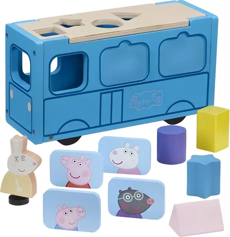 CHARACTER Dřevěná vkládačka Prasátko Peppa Školní autobus / Dřevěná hračka / 4 vkládací tvary / FSC dřevo / od 2 let