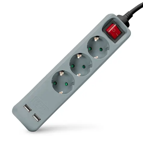 Entac 3-zásuvkový prodlužovací blok s USB šedá / Prodlužovací kabel / 3x 230V / 2x USB-A / 1,5 m