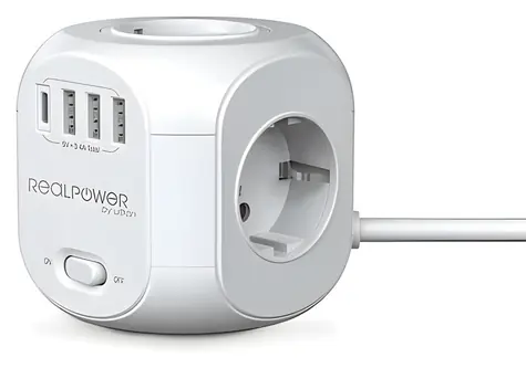 RealPower PowerBox 431 bílá / Prodlužovací kostka / 4x 230V / 3x USB-A / USB-C / 1,8 m