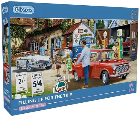 GIBSONS Panoramatické puzzle Tankování před cestou / 636 dílků / 69 × 32 cm