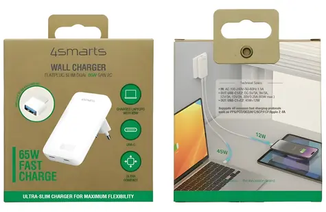 4smarts FlatPlug Slim Dual bílá / Síťová nabíječka / GaN / 2x USB-C / 65 W