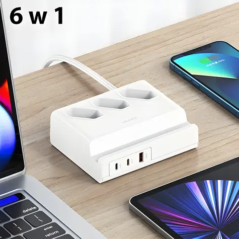 USAMS CC160TC01 bílá / Síťový prodlužovací adaptér / 3x AC EU / 2x USB-C, USB-A / 65W / 2 m kabel