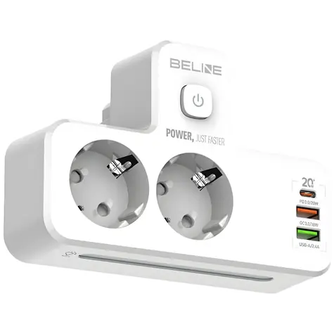 Beline prodlužovací blok s LED podsvícením bílá / Prodlužovací blok / 2x zásuvka 230V / USB-C PD / USB-A / 2500W