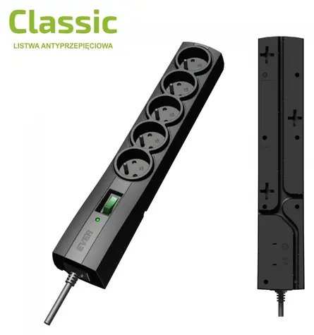 Přepěťová ochrana Classic 3m černá / Přepěťová ochrana / 5 zásuvek / 2500 W / 175 J