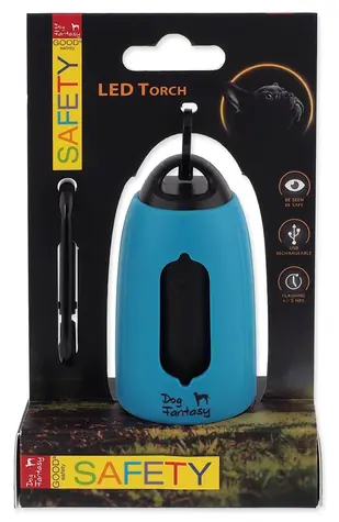 DOG FANTASY Baterka LED USB se zásobníkem na sáčky modrá / Karabina / 3 režimy svícení