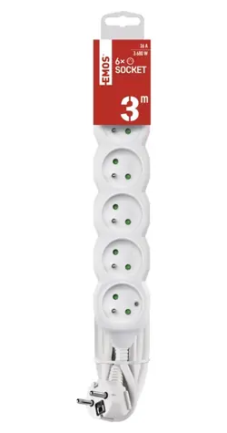 EMOS P0613R / Prodlužovací šňůra / 6 zásuvek / 3 m / 1,5 mm2 / bílá