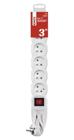 EMOS P1613R bílá / Prodlužovací přívod / 6 zásuvek / 3 m / s vypínačem / 1,5 mm2