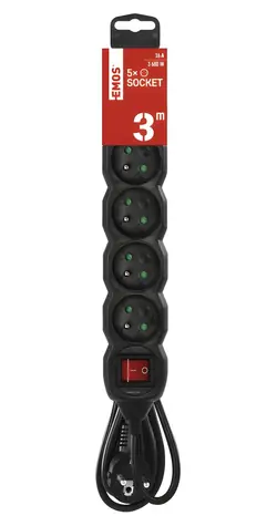 EMOS PC1513R černá / Prodlužovací přívod / 5 zásuvek / 3 m / s vypínačem / 1,5 mm2