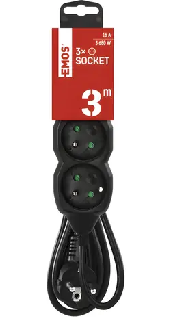 EMOS prodlužovací šňůra PC0313R černá / Prodlužovací přívod / 3 zásuvky / 3 m / 1,5 mm2 / bez vypínače