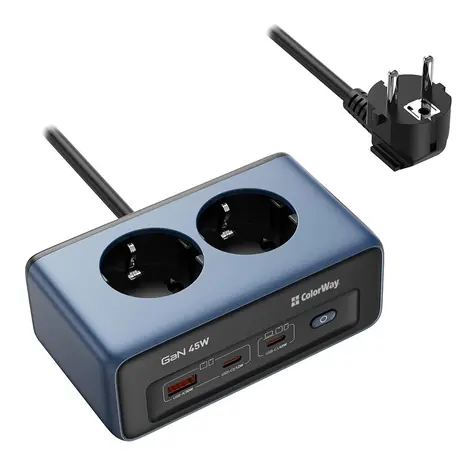 Colorway Prodlužovací přívod s přepěťovou ochranou / Prodlužovací přívod 230V / 2x Schuko / 2x USB-C 45W / 1x USB-A / 2m