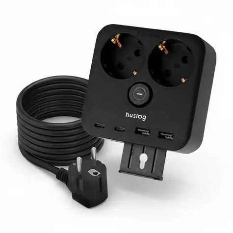 Huslog nabíjecí stanice 15W černá / 2x zásuvka 230V / 2x USB-C / 2x USB-A / Držák na telefon