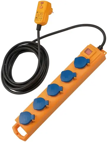 Brennenstuhl Super-Solid SL544 modrá/žlutá / Prodlužovací přívod / 5 zásuvek / vypínač / FI 30mA / IP54 / 5 m