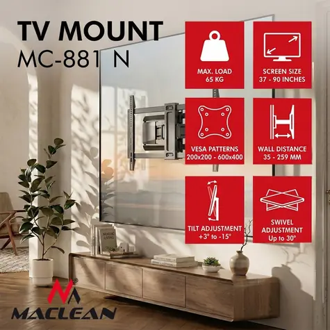 Nástěnný držák TV MC-881 N černá / Nástěnný držák pro TV / 37-90" / VESA 600x400 / náklon / nosnost 65 kg