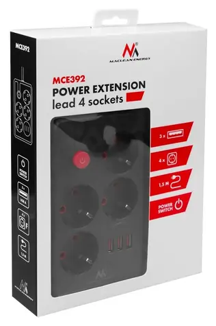 MCE392 B černá / Prodlužovací přívod / 4x zásuvka + 3x USB-A / 2500 W / 1,5 m