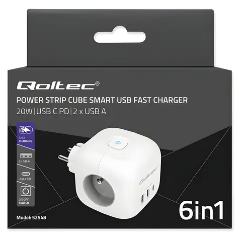 Napájecí kostka 6v1 bílá / Prodlužovací kostka / 3x AC / 2x USB / 1x USB-C PD 20W / podsvícený vypínač