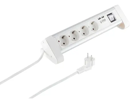 Sconn Stolní zásuvková lišta 4x se spínačem bílá / Zásuvková lišta / 230V / 2x USB / Hliník