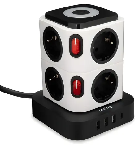 Huslog nabíjecí stanice 15W černá / Nabíjecí stanice / 8x zásuvka 230V / 1x USB-C 3A / 3x USB-A 2,4A / LED lampička