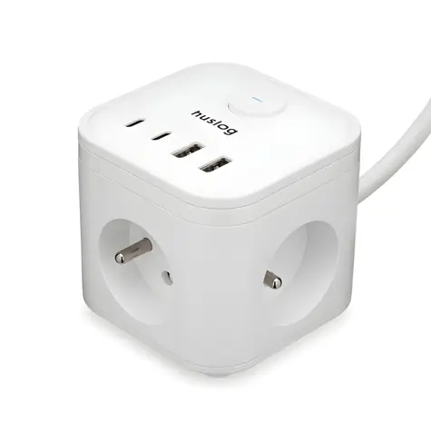 Huslog nabíjecí stanice 15W bílá / Nabíjecí stanice / 3x zásuvka 230V / 2x USB-C 3A / 2x USB-A 2,4A / Vypínač ON/OFF
