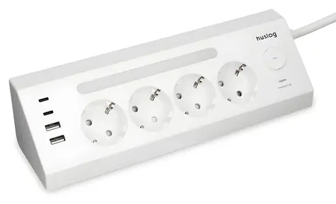 Huslog nabíjecí stanice 15W bílá / Nabíjecí stanice / 4x zásuvka 230V / 2x USB-C / 2x USB-A / LED lampička