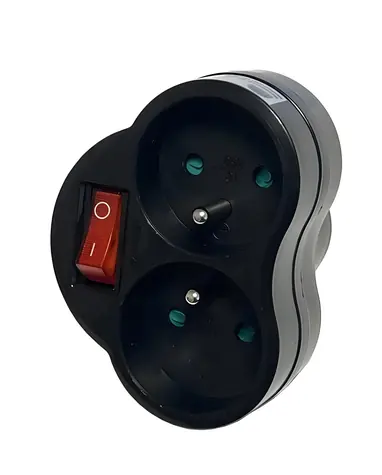 Konnoc DX-R2S černá / Rozbočka / 230V / 1x kulatá + 2x plochá zásuvka / vypínač / dětská pojistka