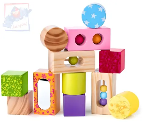 WOODY Baby kostky s kuličkami a zrcátkem / 12 dílků / dřevo / 4 cm / od 1 roku