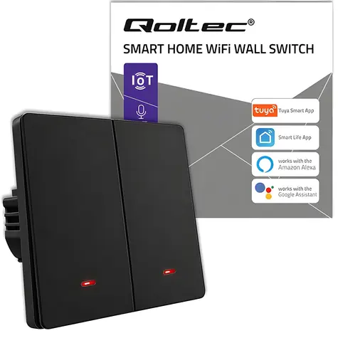 Qoltec 52708 černá / Chytrý vypínač / 2 kanály / Wi-Fi / Tuya / Smart Life / Časovač