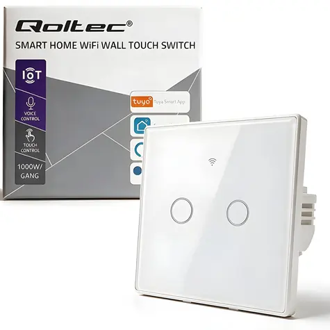 Qoltec 52716 bílá / Dotykový vypínač / 2 kanály / Wi-Fi 2,4 GHz / Tuya Smart Life / Časovač