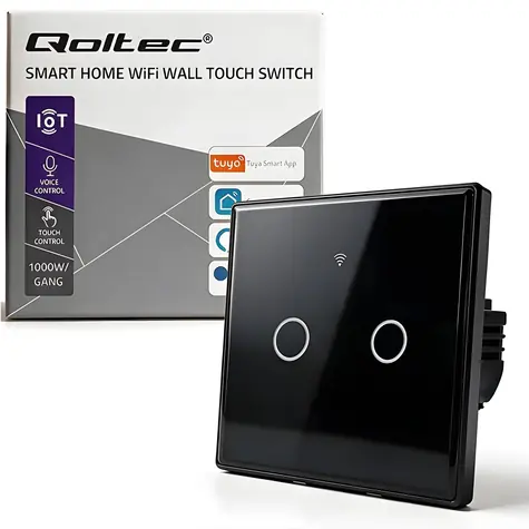 Qoltec 52712 černá / Chytrý dotykový vypínač / 2 kanály / Wi-Fi / Tuya / tvrzené sklo