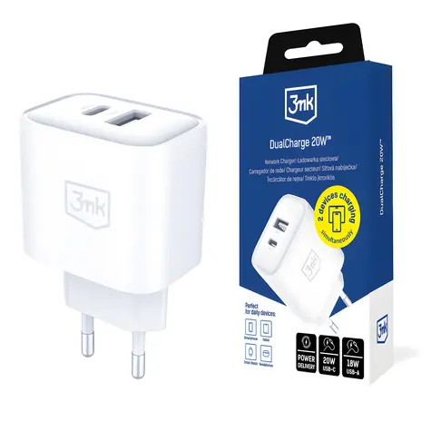 3mk DualCharge 20W bílá / Nabíječka / PD3.0 / QC3.0 / PPS / 1x USB-A + 1x USB-C