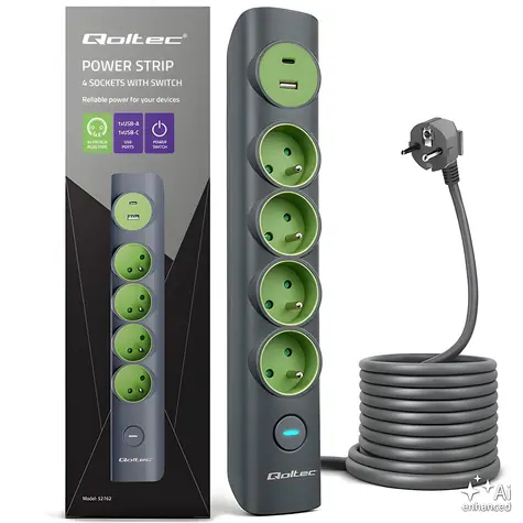 Prodlužovací přívod s podsvíceným vypínačem / 4 zásuvky s uzemněním / 1x USB-C 15W / 1x USB-A 12W / 1,8 m