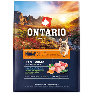 Ontario Mini & Medium Weight Control Turkey & Brown Rice 2.25kg / Granule pro dospělé psy 