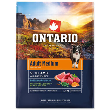 Ontario Adult Medium Lamb & Brown Rice 2.25kg / Granule pro dospělé psy 