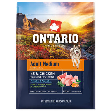 Ontario Adult Medium Chicken & Sweet Potatoes 2.25kg / Granule pro dospělé psy 