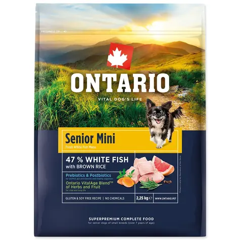 Ontario Senior Mini Fish & Brown Rice 2.25kg / Granule pro starší psy 