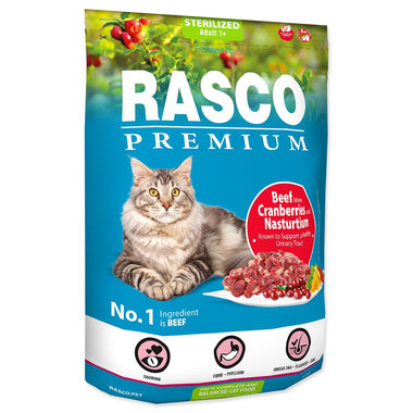 Rasco Premium Sterilized hovězí s brusinkou a lichořeřišnicí 400g / Granule pro dospělé kočky 