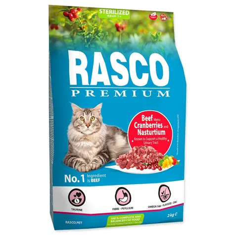 Rasco Premium Sterilized hovězí s brusinkou a lichořeřišnicí 2kg / Granule pro dospělé kočky 
