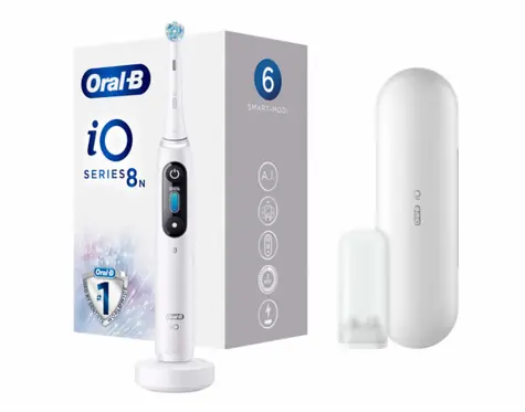 Oral-B iO 8N bílá / rotační zubní kartáček / 6 režimů / Bluetooth / časovač / tlakový senzor / displej / pouzdro