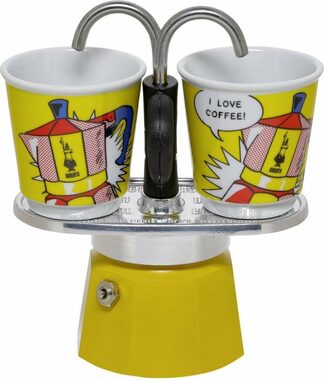 Bialetti MINI EXPRESS Set Lichtenstein žlutá / Sada: fontánová moka konvička (90 ml) + 2x hrneček (Roy Lichtenstein)