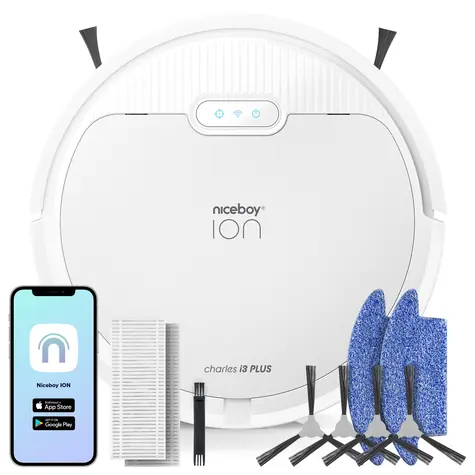 Niceboy ION Charles i3 plus bílá / Robotický vysavač s mopem / sací výkon 2500 Pa / prachová nádoba 400 ml / HEPA 