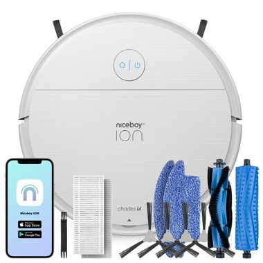 Niceboy ION Charles i6 Bílá / Robotický vysavač s mopem / sací výkon 2500 Pa / prachová nádoba 650 ml / HEPA 