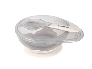 KikkaBoo Miska s přísavkou & víčkem a lžičkou Beige / od 4 měsíců