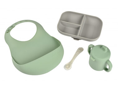 Beaba Jídelní sada silikonová 4-dílná s bryndákem Grey/Sage Green