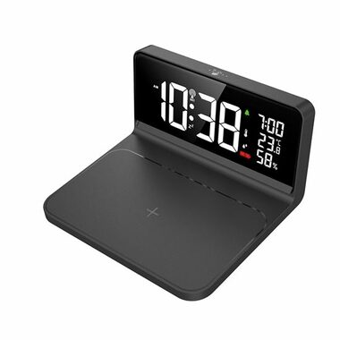 Solight CA06 hodiny s Qi bezdrátovým nabíjením 10W černá / teploměr / vlhkoměr / LCD