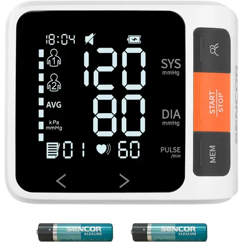 SENCOR SBD 0900WH bílá / Digitální tlakoměr na zápěstí / krevní tlak&tep / paměť 2x99 míst / displej 49x36 mm / 2x AAA